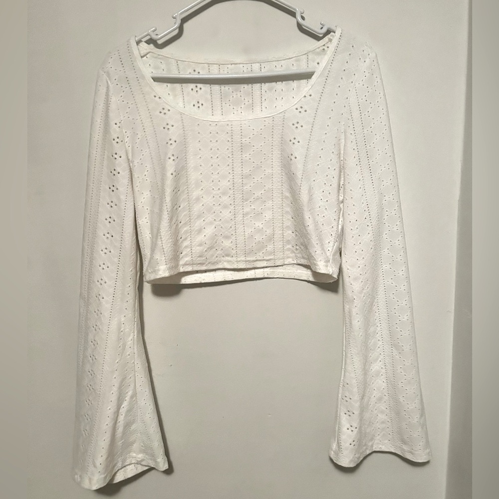 White Scoop Neck Flounce Sleeve Crop Tee